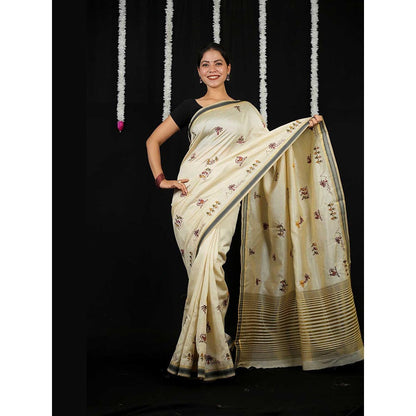 Isadora Life Beige Embroidered Pre-Draped Saree with Unstitched Blouse