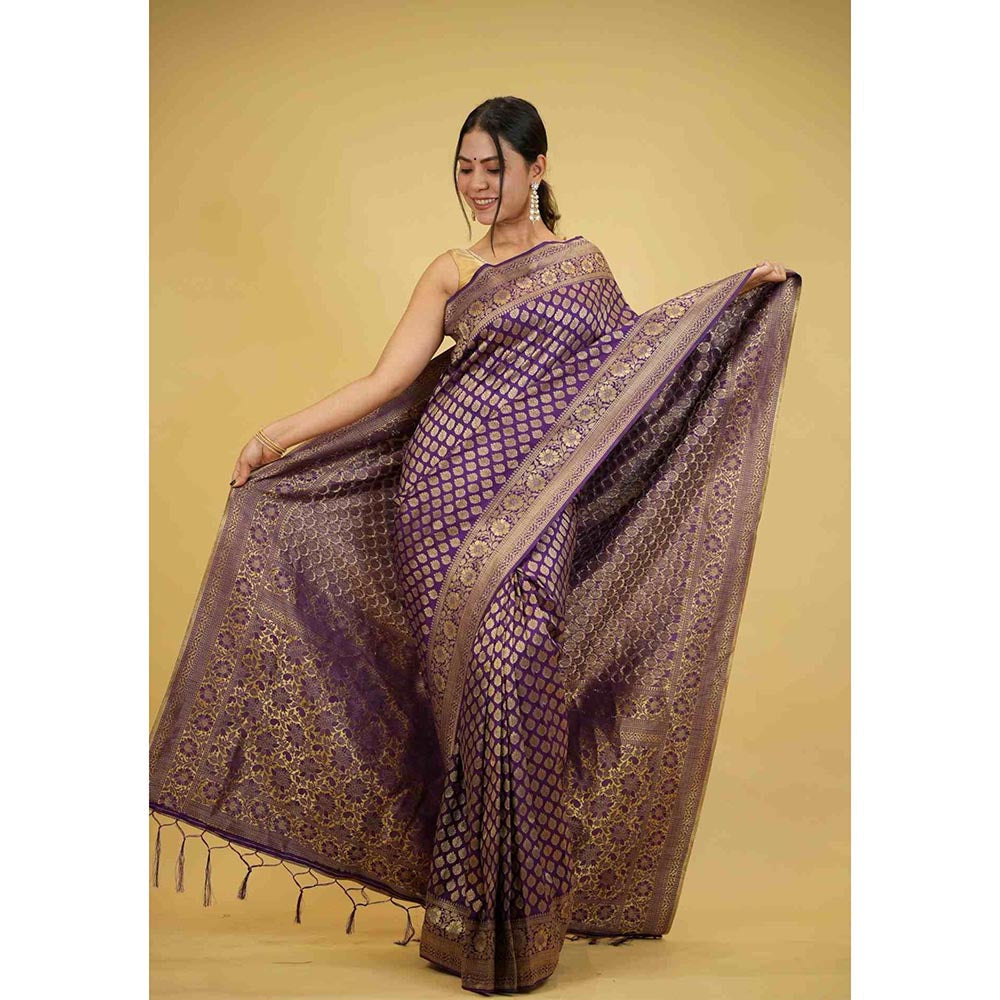 Isadora Life Purple Woven Pre-Draped Saree with Unstitched Blouse
