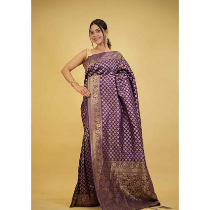 Isadora Life Purple Woven Pre-Draped Saree with Unstitched Blouse