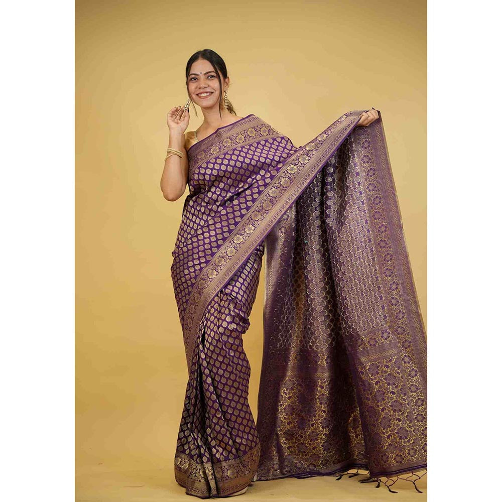 Isadora Life Purple Woven Pre-Draped Saree with Unstitched Blouse