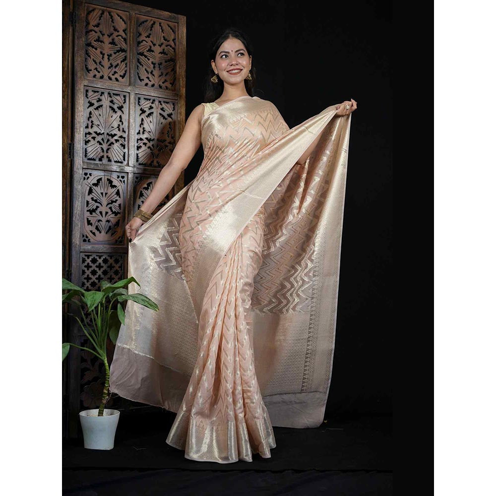 Isadora Life Beige Geometric Pre-Draped Saree with Unstitched Blouse