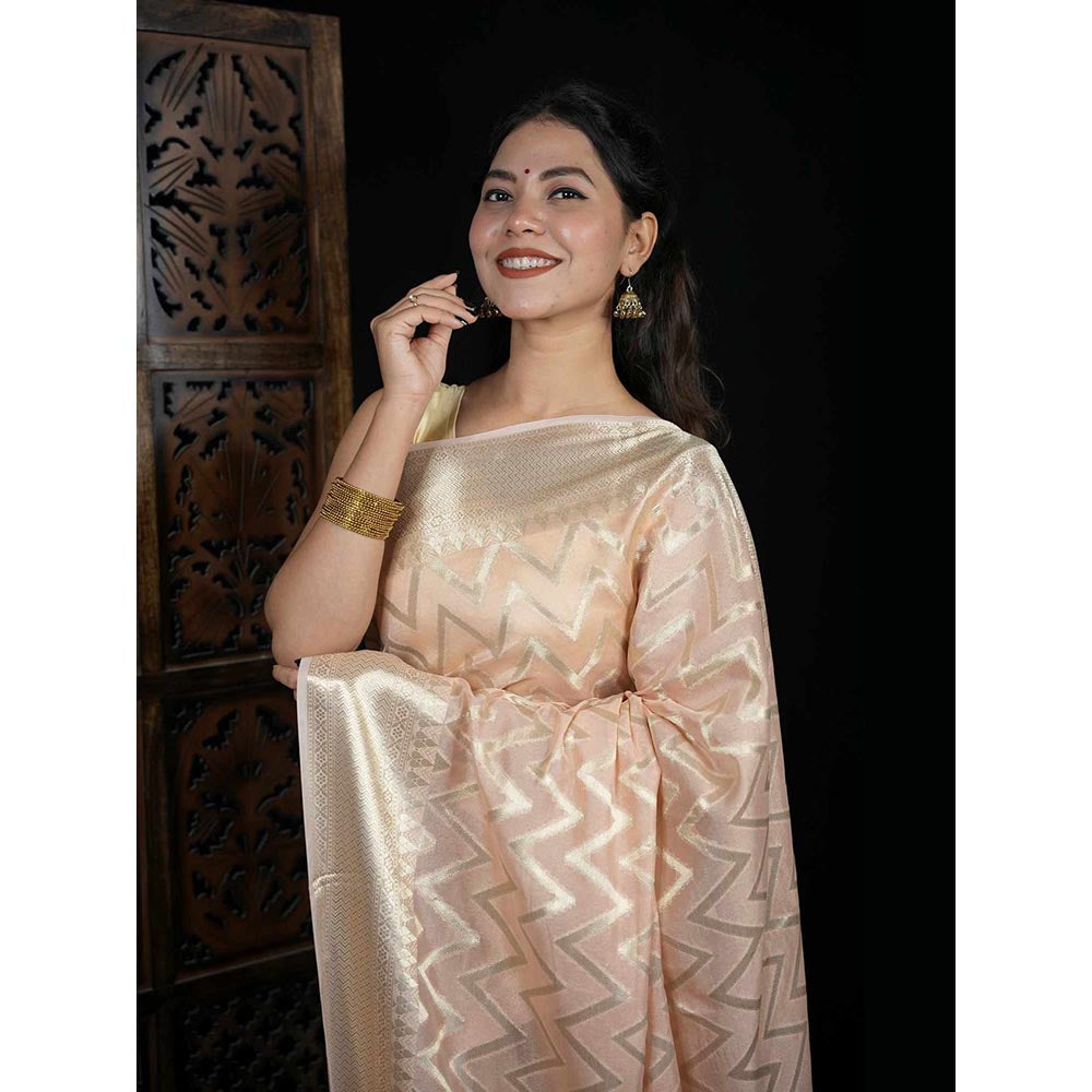 Isadora Life Beige Geometric Pre-Draped Saree with Unstitched Blouse