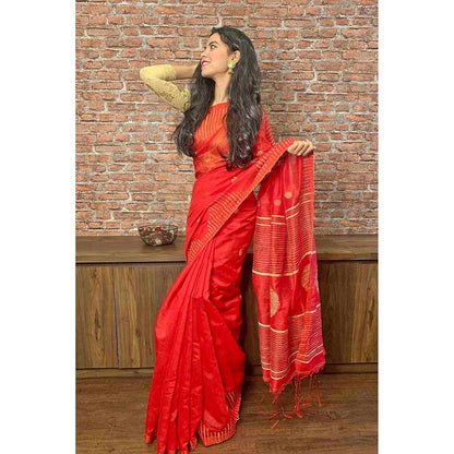 Isadora Life Red Woven Pre-Draped Saree with Unstitched Blouse