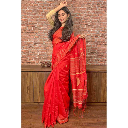 Isadora Life Red Woven Pre-Draped Saree with Unstitched Blouse