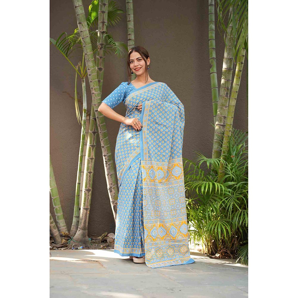 Isadora Life Blue Floral Pre-Draped Saree with Unstitched Blouse