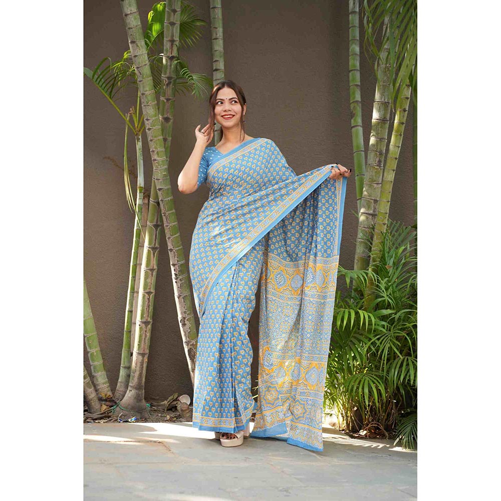 Isadora Life Blue Floral Pre-Draped Saree with Unstitched Blouse