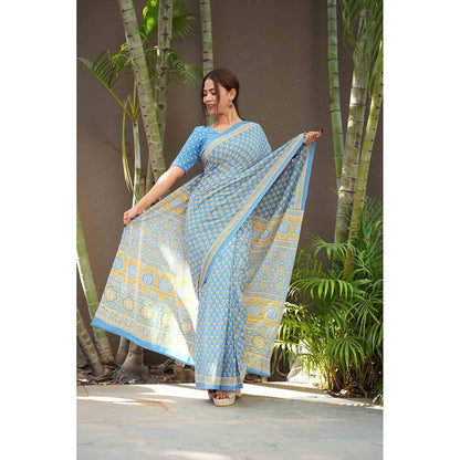 Isadora Life Blue Floral Pre-Draped Saree with Unstitched Blouse