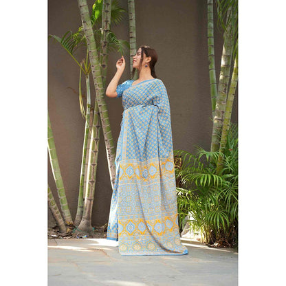 Isadora Life Blue Floral Pre-Draped Saree with Unstitched Blouse