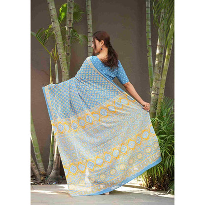 Isadora Life Blue Floral Pre-Draped Saree with Unstitched Blouse