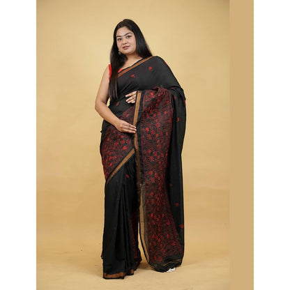 Isadora Life Black Embroidered Pre-Draped Saree with Unstitched Blouse