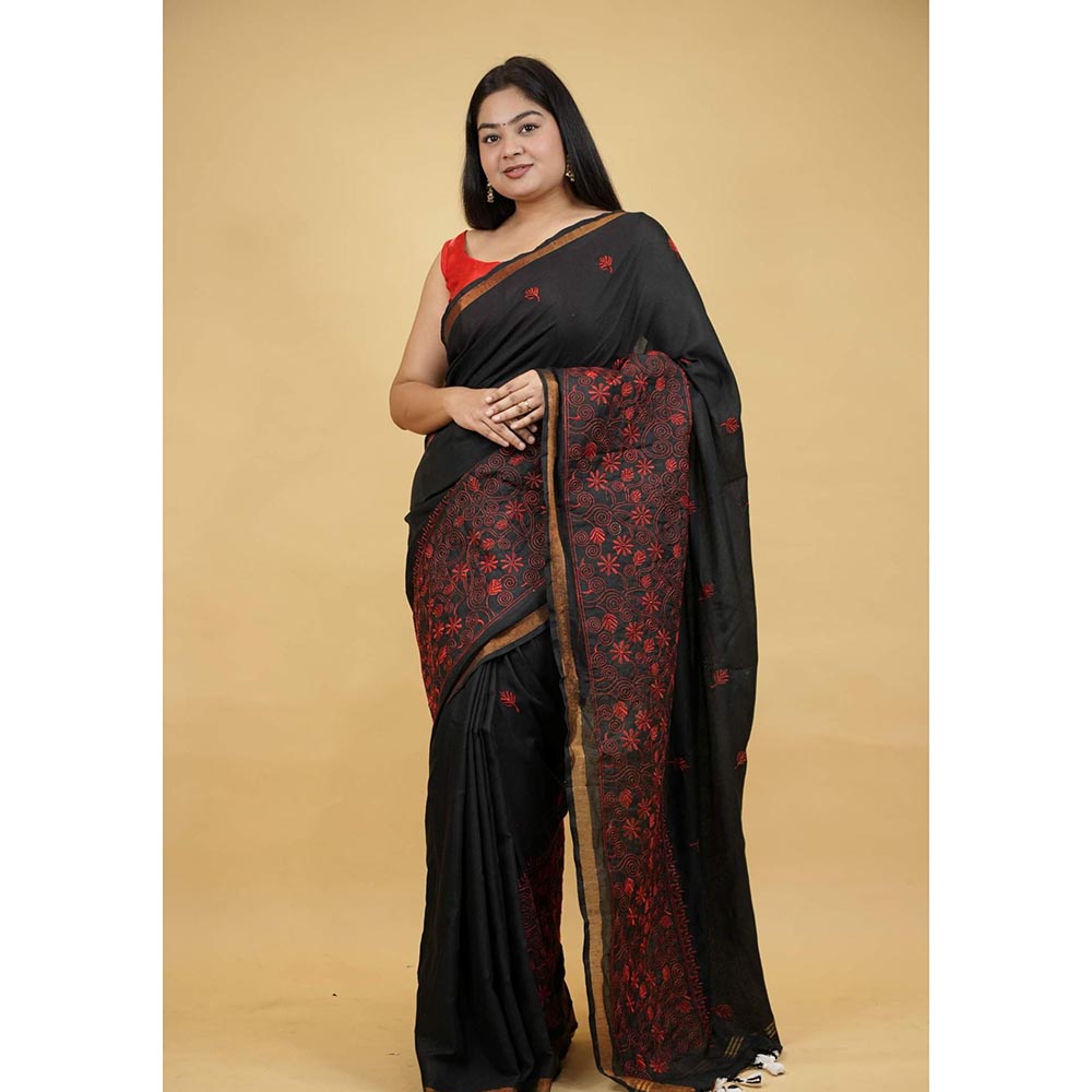Isadora Life Black Embroidered Pre-Draped Saree with Unstitched Blouse