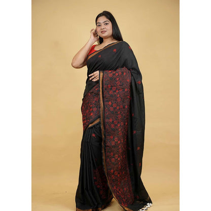Isadora Life Black Embroidered Pre-Draped Saree with Unstitched Blouse