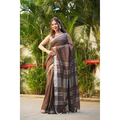 Isadora Life Brown Solid Pre-Draped Saree with Unstitched Blouse