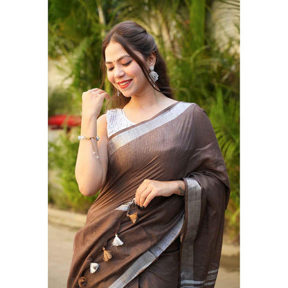 Isadora Life Brown Solid Pre-Draped Saree with Unstitched Blouse