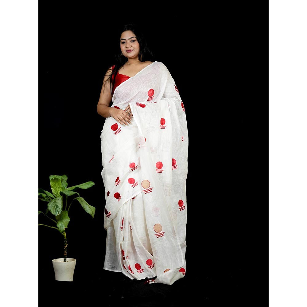 Isadora Life White Geometric Pre-Draped Saree with Unstitched Blouse