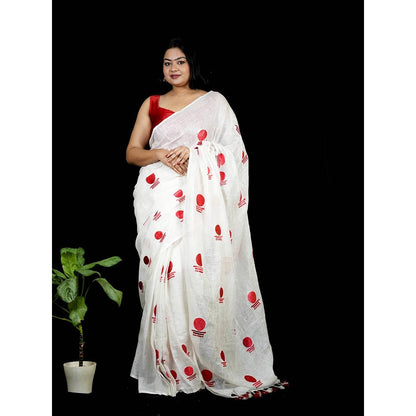 Isadora Life White Geometric Pre-Draped Saree with Unstitched Blouse