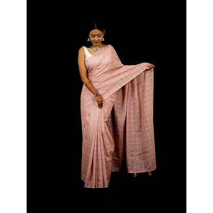 Isadora Life Peach Embroidered Pre-Draped Saree with Unstitched Blouse