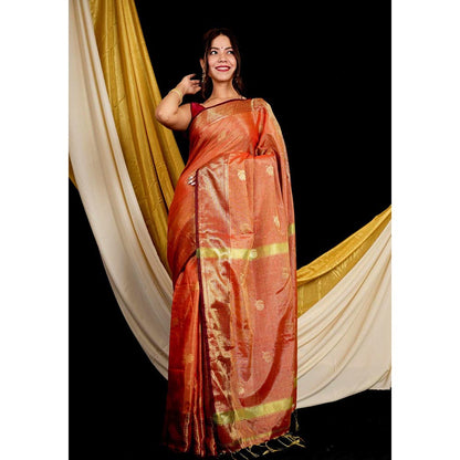 Isadora Life Orange Woven Pre-Draped Saree with Unstitched Blouse