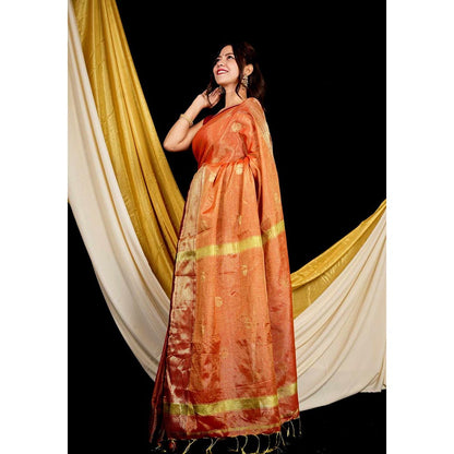 Isadora Life Orange Woven Pre-Draped Saree with Unstitched Blouse