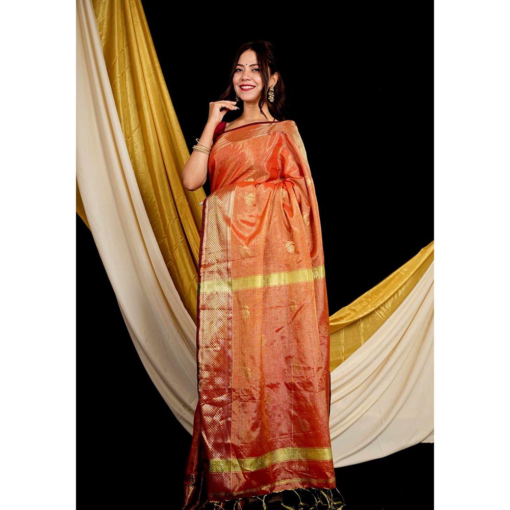 Isadora Life Orange Woven Pre-Draped Saree with Unstitched Blouse