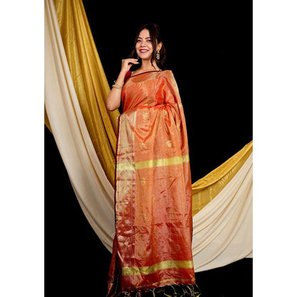 Isadora Life Orange Woven Pre-Draped Saree with Unstitched Blouse