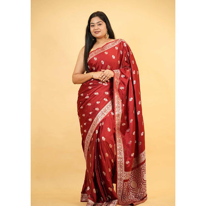 Isadora Life Red Floral Pre-Draped Saree with Unstitched Blouse