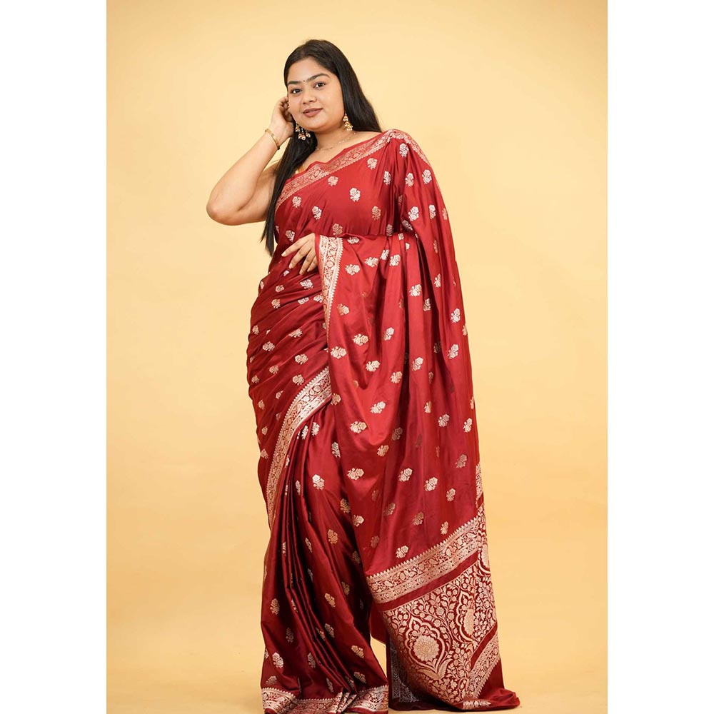 Isadora Life Red Floral Pre-Draped Saree with Unstitched Blouse