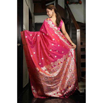 Isadora Life Peach Woven Pre-Draped Saree with Unstitched Blouse