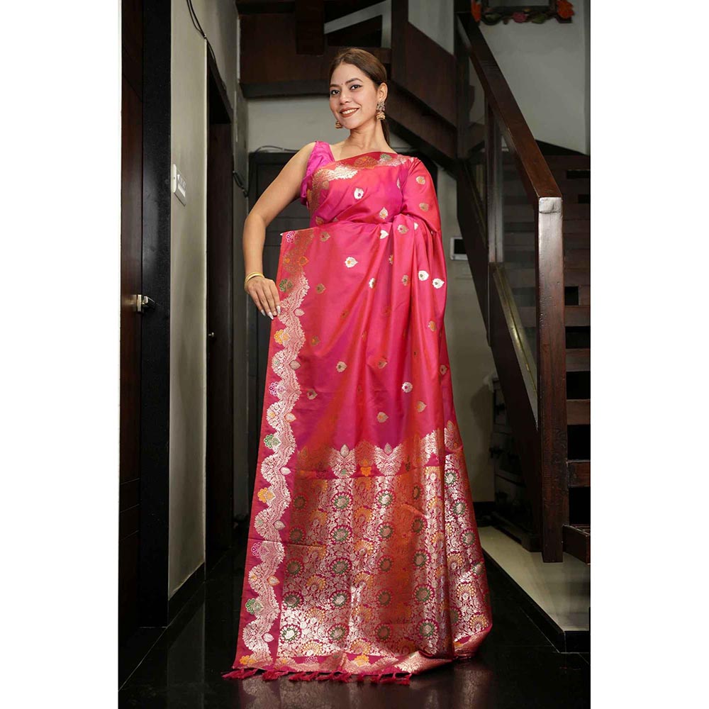 Isadora Life Peach Woven Pre-Draped Saree with Unstitched Blouse