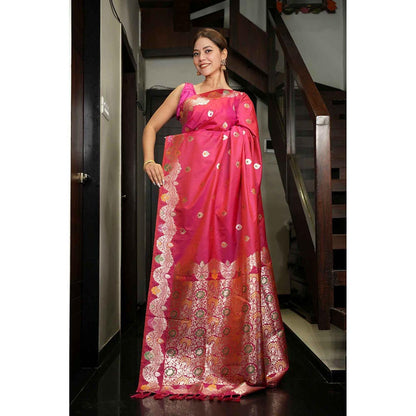 Isadora Life Peach Woven Pre-Draped Saree with Unstitched Blouse