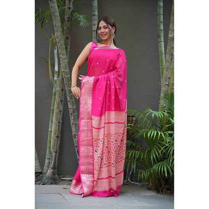 Isadora Life Pink Woven Pre-Draped Saree with Unstitched Blouse