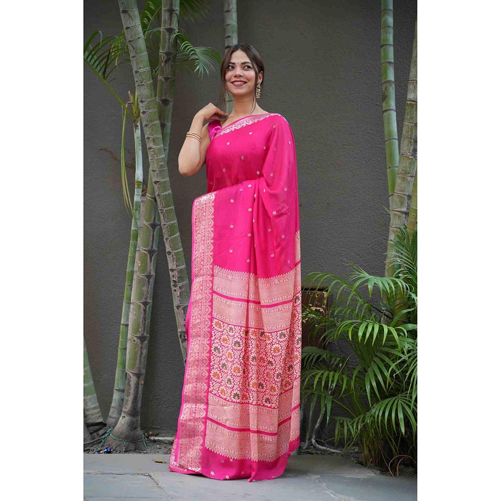 Isadora Life Pink Woven Pre-Draped Saree with Unstitched Blouse