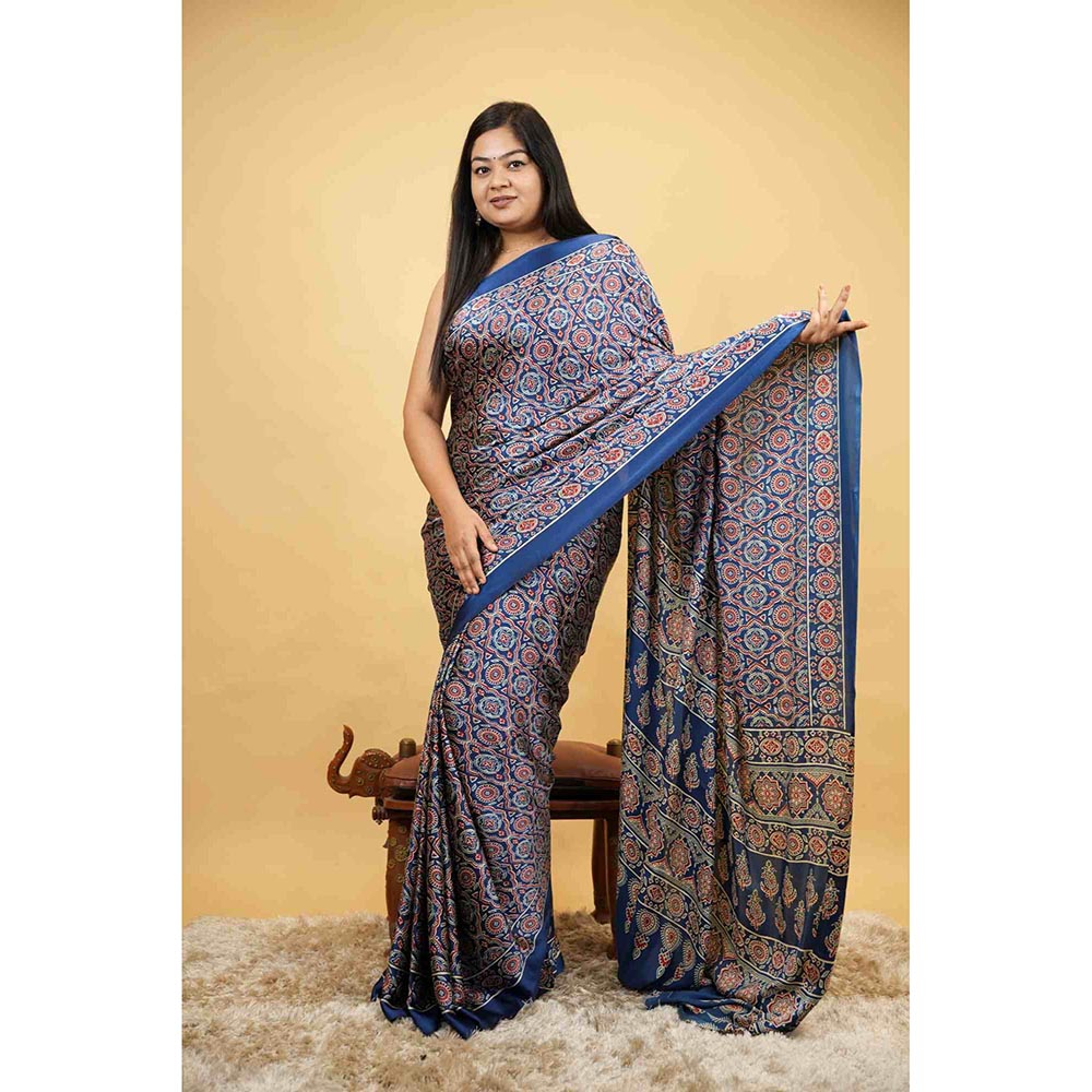 Isadora Life Blue Printed Pre-Draped Saree with Unstitched Blouse