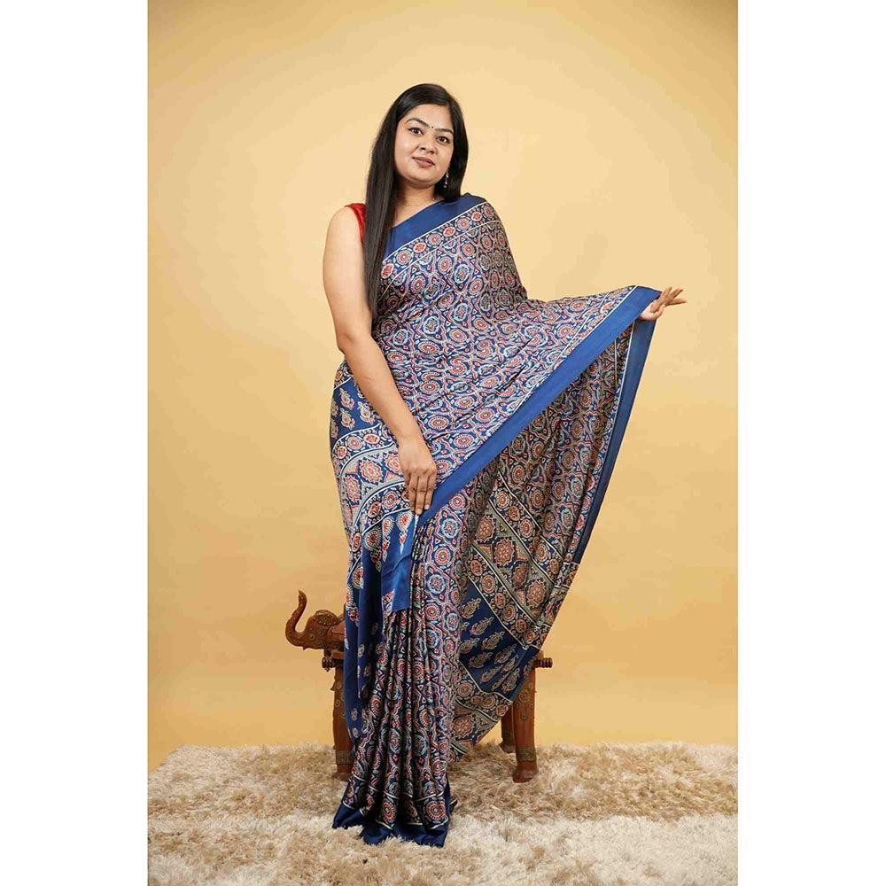 Isadora Life Blue Printed Pre-Draped Saree with Unstitched Blouse