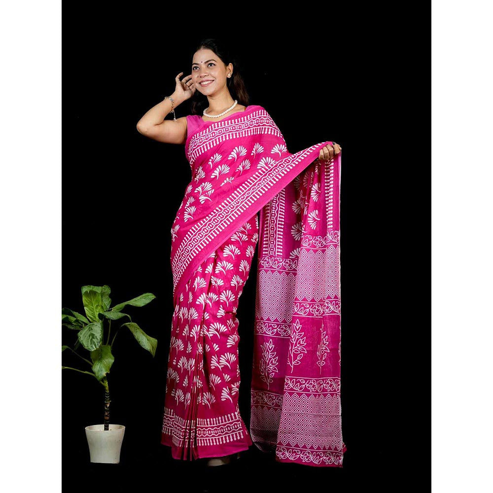 Isadora Life Pink Printed Pre-Draped Saree with Unstitched Blouse