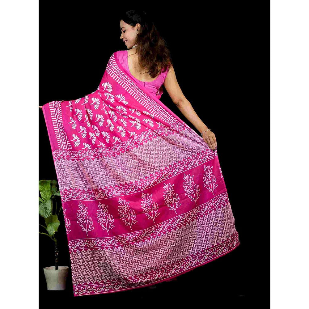 Isadora Life Pink Printed Pre-Draped Saree with Unstitched Blouse