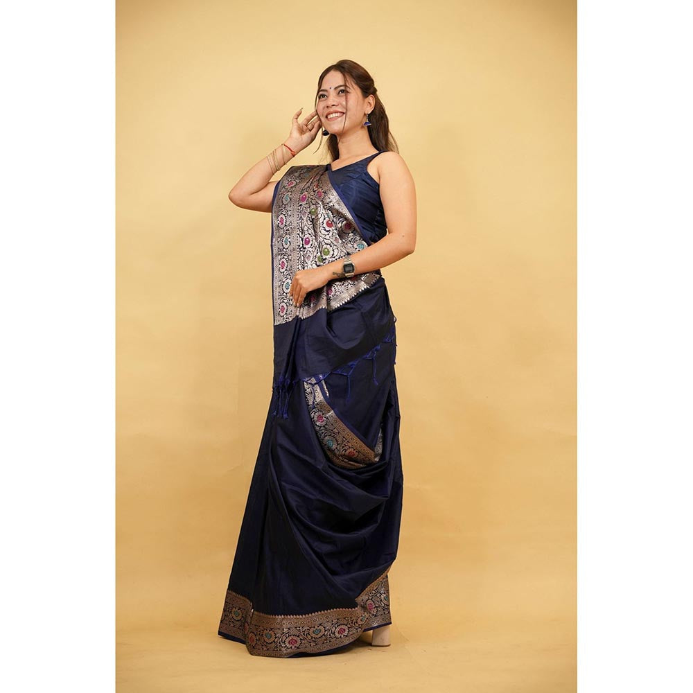 Isadora Life Blue Floral Pre-Draped Saree with Unstitched Blouse