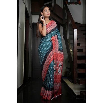 Isadora Life Teal Geometric Pre-Draped Saree with Unstitched Blouse