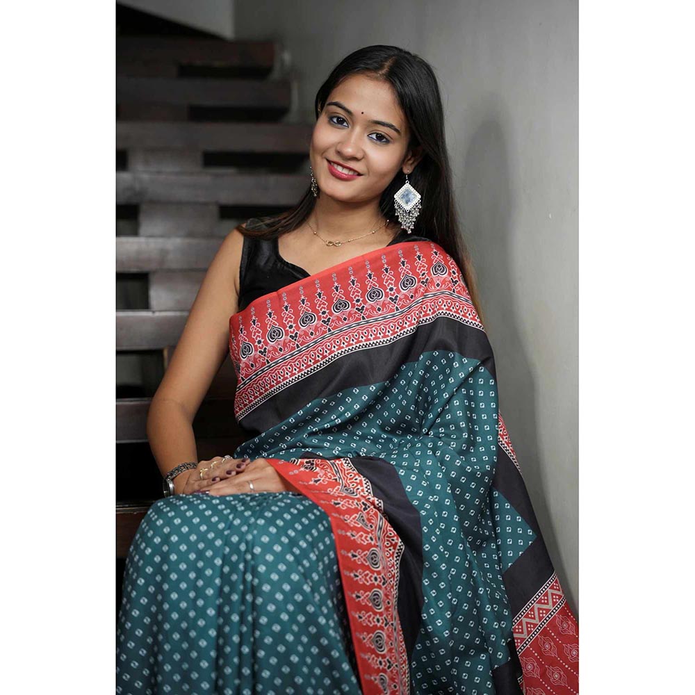 Isadora Life Teal Geometric Pre-Draped Saree with Unstitched Blouse