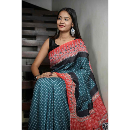 Isadora Life Teal Geometric Pre-Draped Saree with Unstitched Blouse