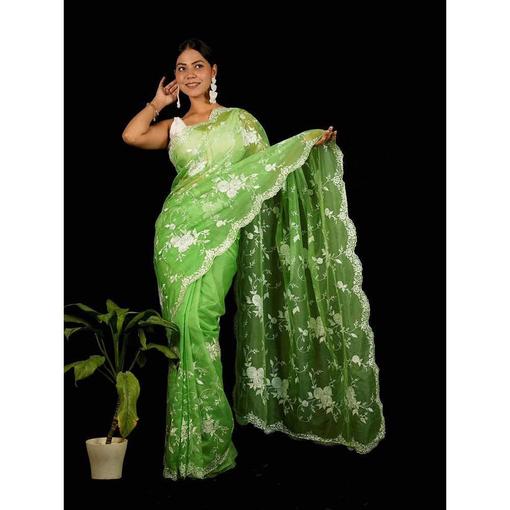 Isadora Life Green Floral Pre-Draped Saree with Unstitched Blouse