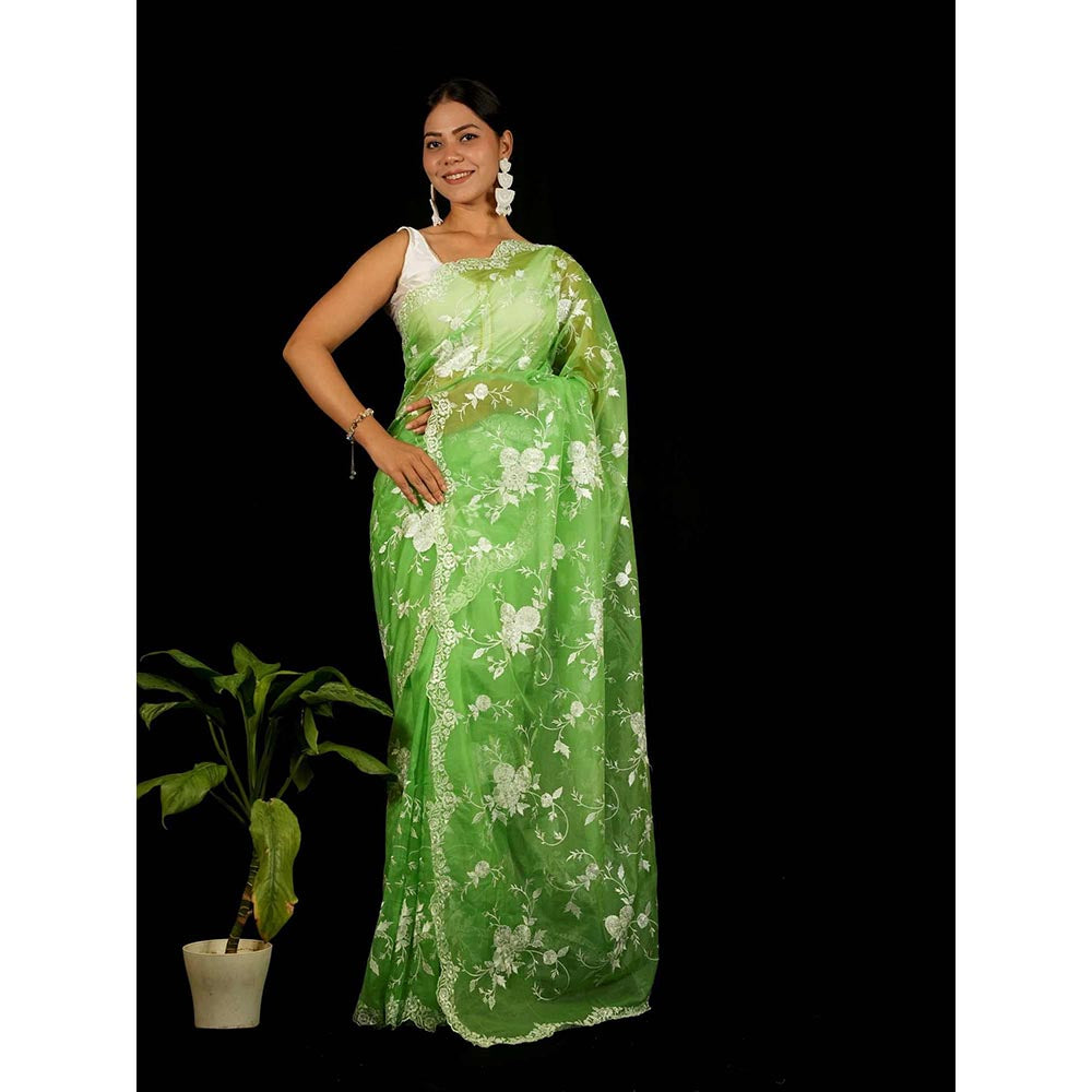 Isadora Life Green Floral Pre-Draped Saree with Unstitched Blouse