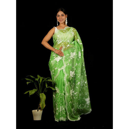 Isadora Life Green Floral Pre-Draped Saree with Unstitched Blouse