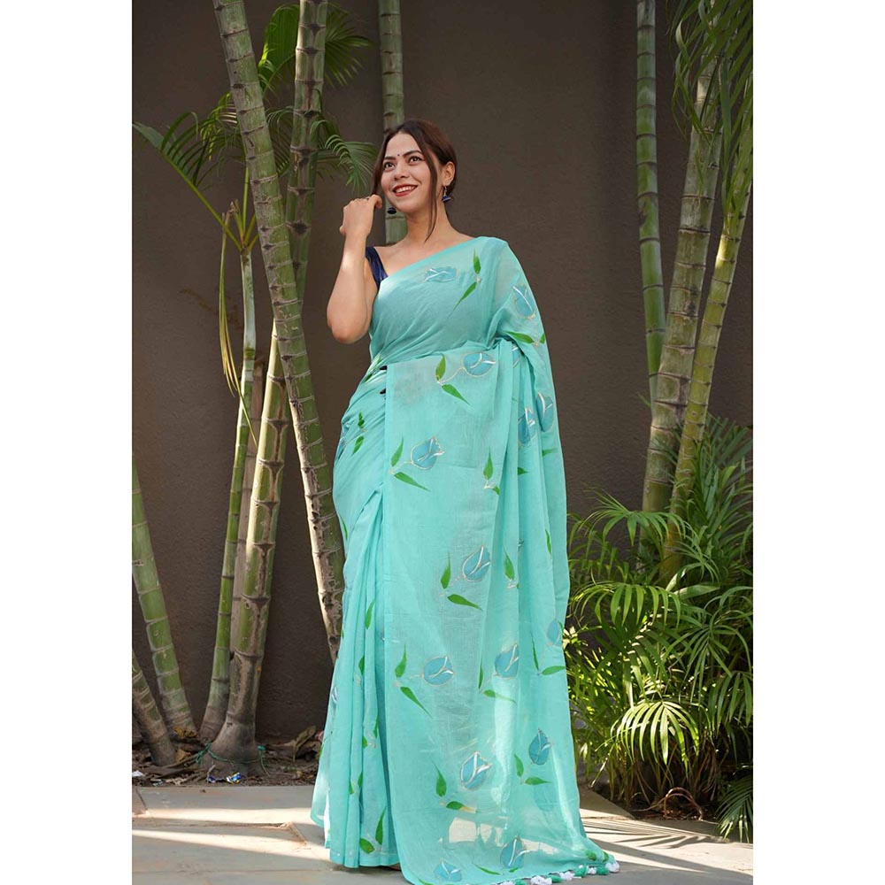 Isadora Life Blue Floral Pre-Draped Saree with Unstitched Blouse