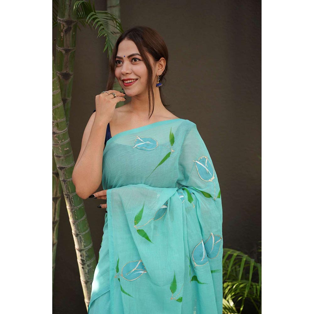 Isadora Life Blue Floral Pre-Draped Saree with Unstitched Blouse