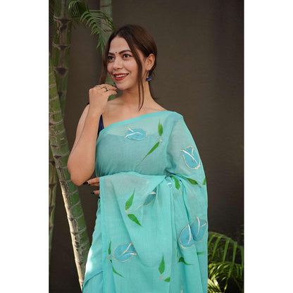 Isadora Life Blue Floral Pre-Draped Saree with Unstitched Blouse