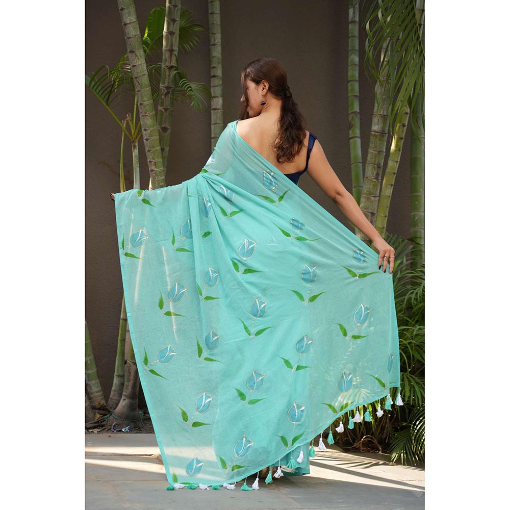 Isadora Life Blue Floral Pre-Draped Saree with Unstitched Blouse