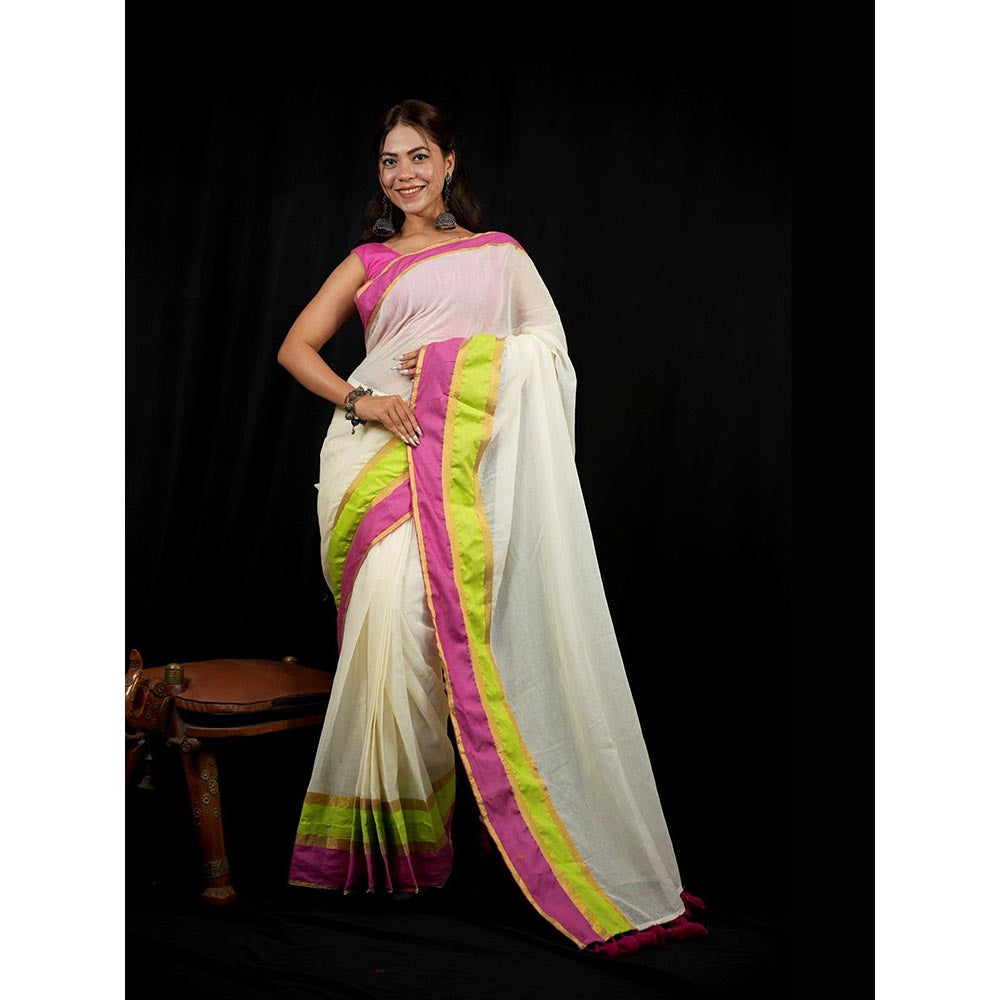 Isadora Life White Stripes Pre-Draped Saree with Unstitched Blouse