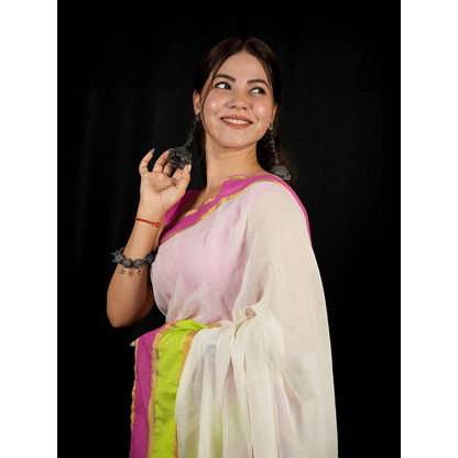 Isadora Life White Stripes Pre-Draped Saree with Unstitched Blouse