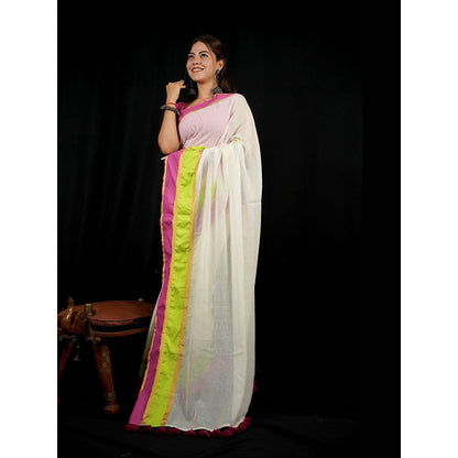 Isadora Life White Stripes Pre-Draped Saree with Unstitched Blouse